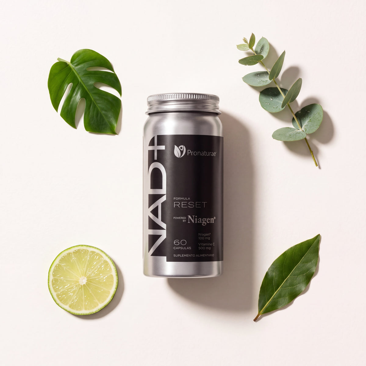 NAD+ Formula RESET con hojas y lima