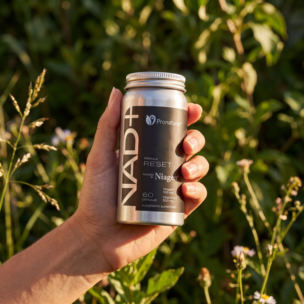 NAD+ Formula RESET en la mano, al aire libre